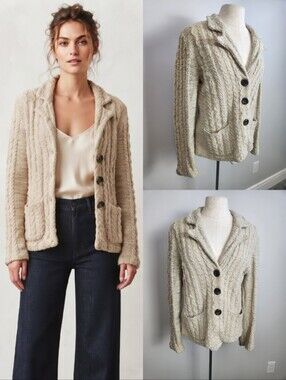 2000s Anthropologie Sparrow Cable Knit Unstructured Blazer Wool Linen Blend Sz M